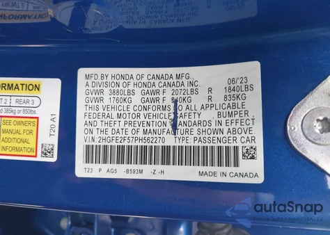 2023 Honda Civic Sport from USA, damaged, VIN 2HGFE2F57PH562270